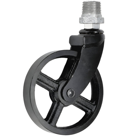 Black industrial swivel caster with 90 mm metal wheel, 1/2'' (15x21mm) male thread, galvanized cast iron fitting