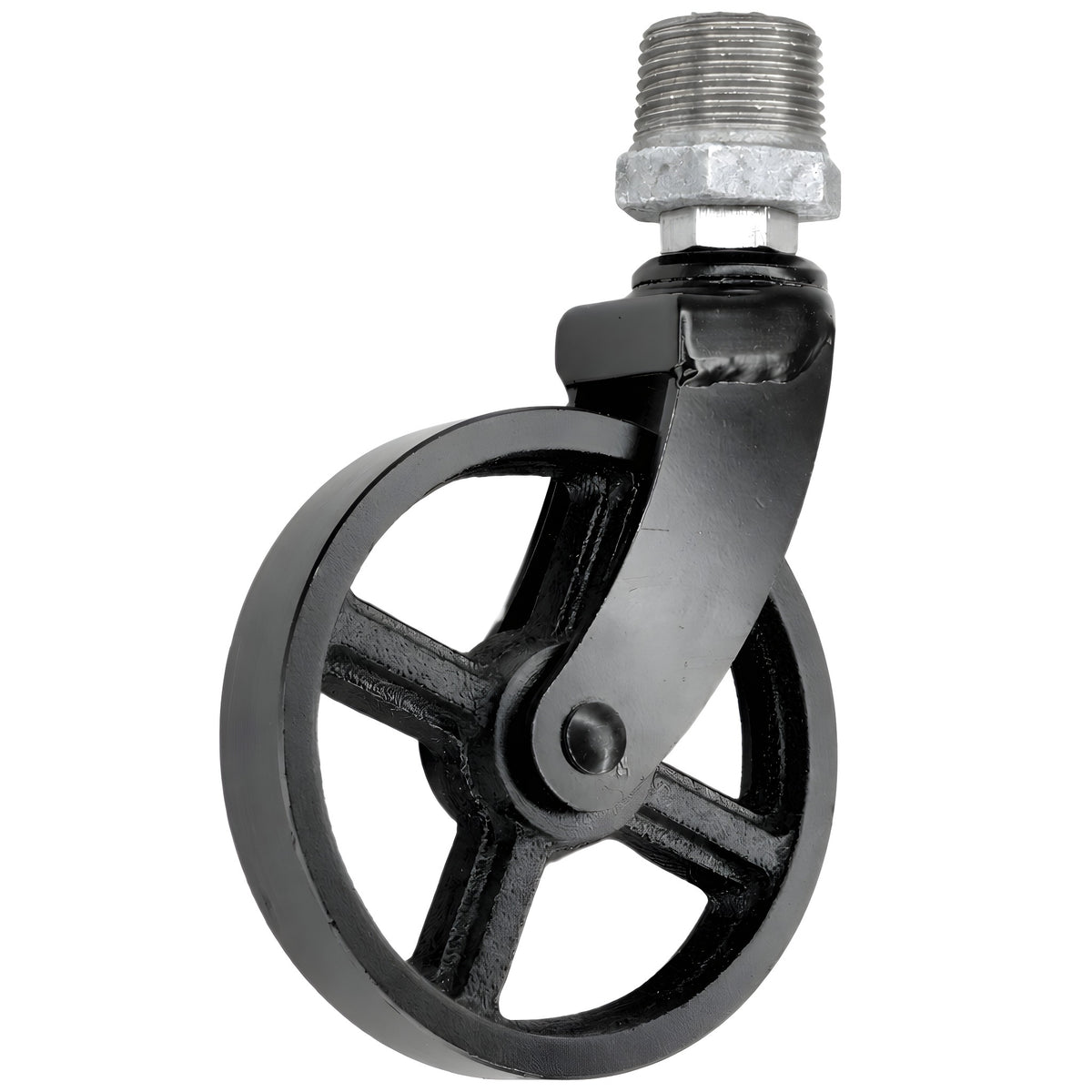 Black industrial swivel caster with 90 mm metal wheel, male thread, galvanized cast iron fitting