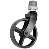 Black industrial swivel caster with 90 mm metal wheel, male thread, galvanized cast iron fitting