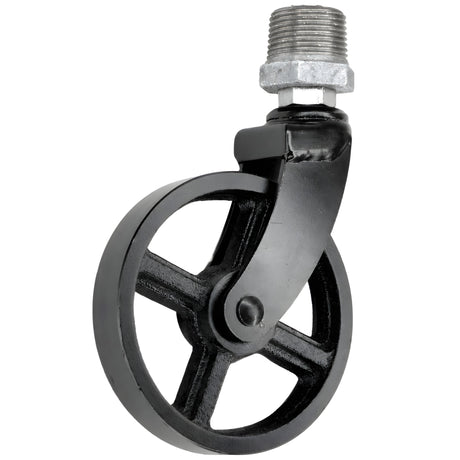 Black industrial swivel caster with 90 mm metal wheel, male thread, galvanized cast iron fitting