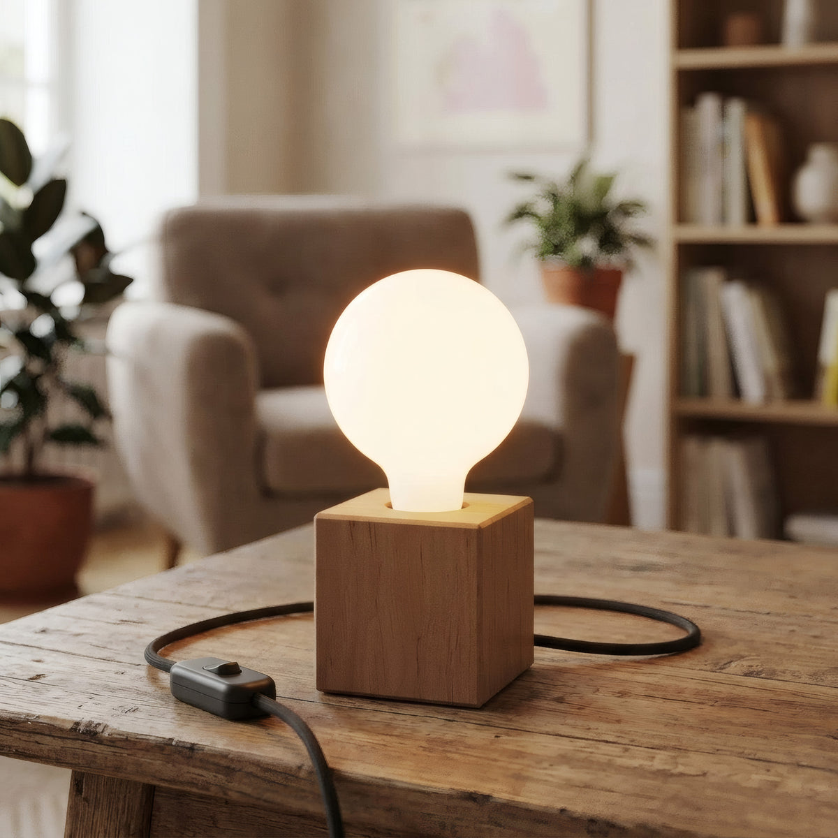 Alder wood cube lamp base for E27 socket