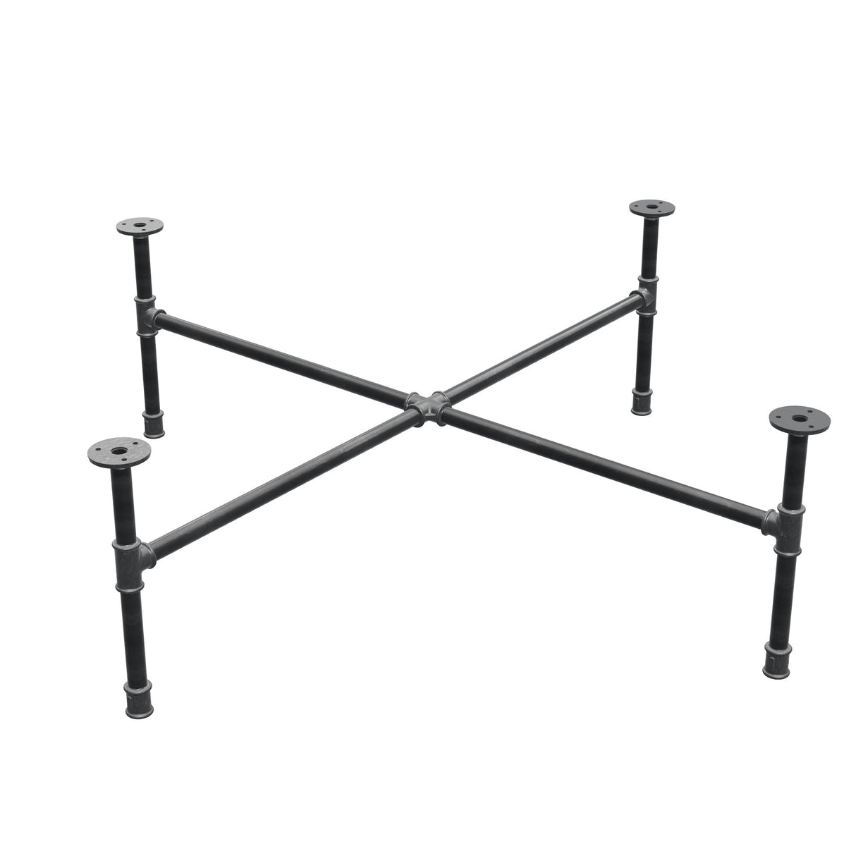 Industrial cast iron coffee table base, cross legs, 108 × 108 cm, 32 cm high, three-quarter view