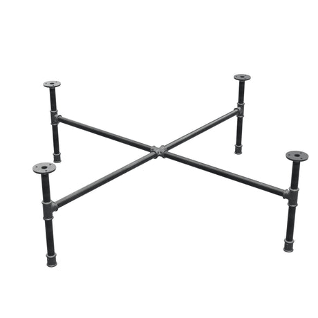 Industrial cast iron coffee table base, cross legs, 108 × 108 cm, 32 cm high, three-quarter view