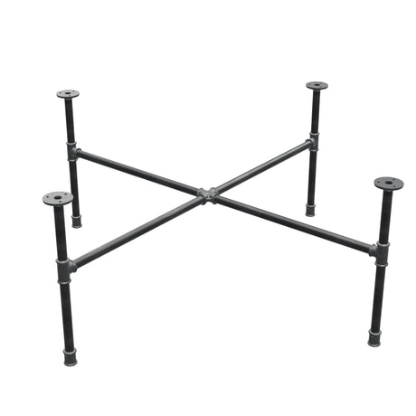 Industrial cast iron coffee table base, cross legs, 108 × 108 cm, 42 cm high, three-quarter view