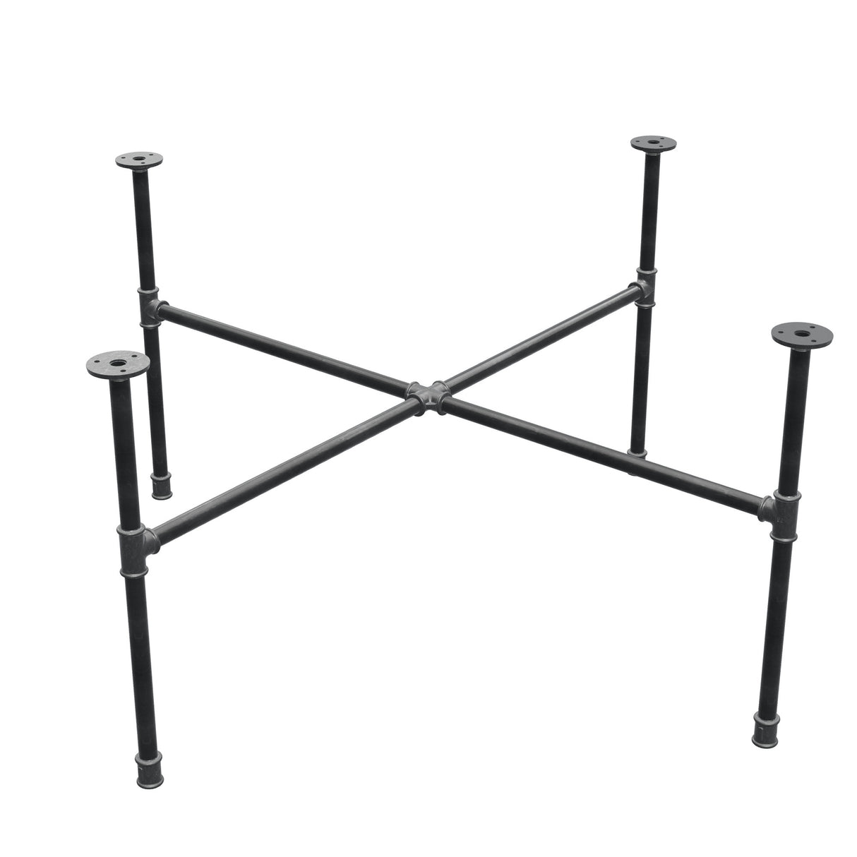 Industrial cast iron coffee table base, cross legs, 108 × 108 cm, 52 cm high, three-quarter view