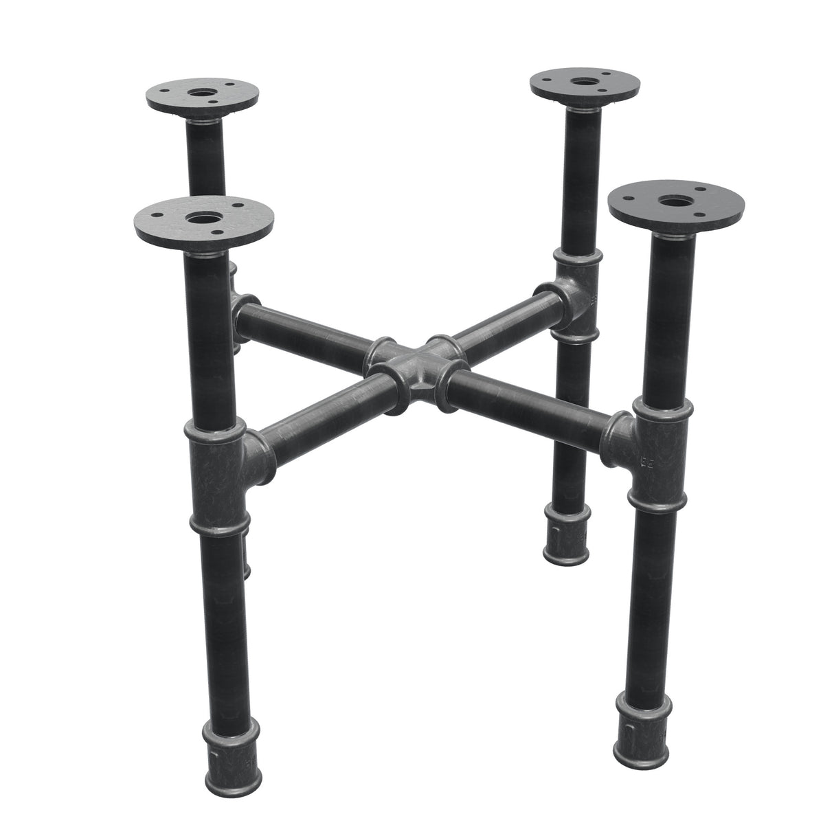Industrial cast iron coffee table base, cross legs, 38 × 38 cm, 32 cm high, three-quarter view