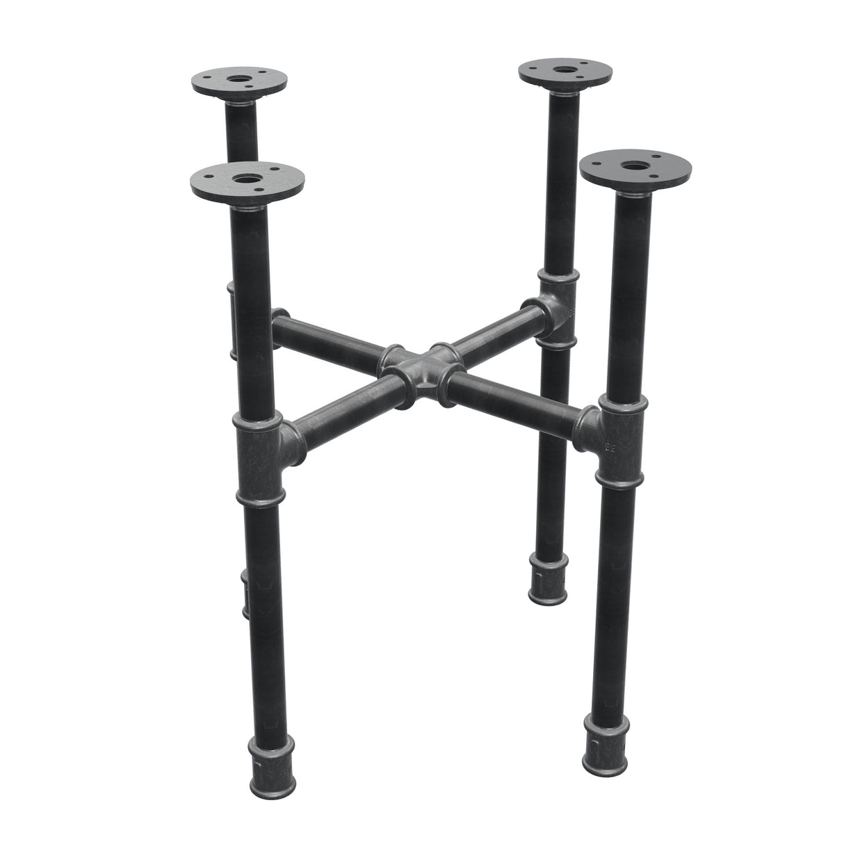 Industrial cast iron coffee table base, cross legs, 38 × 38 cm, 42 cm high, three-quarter view