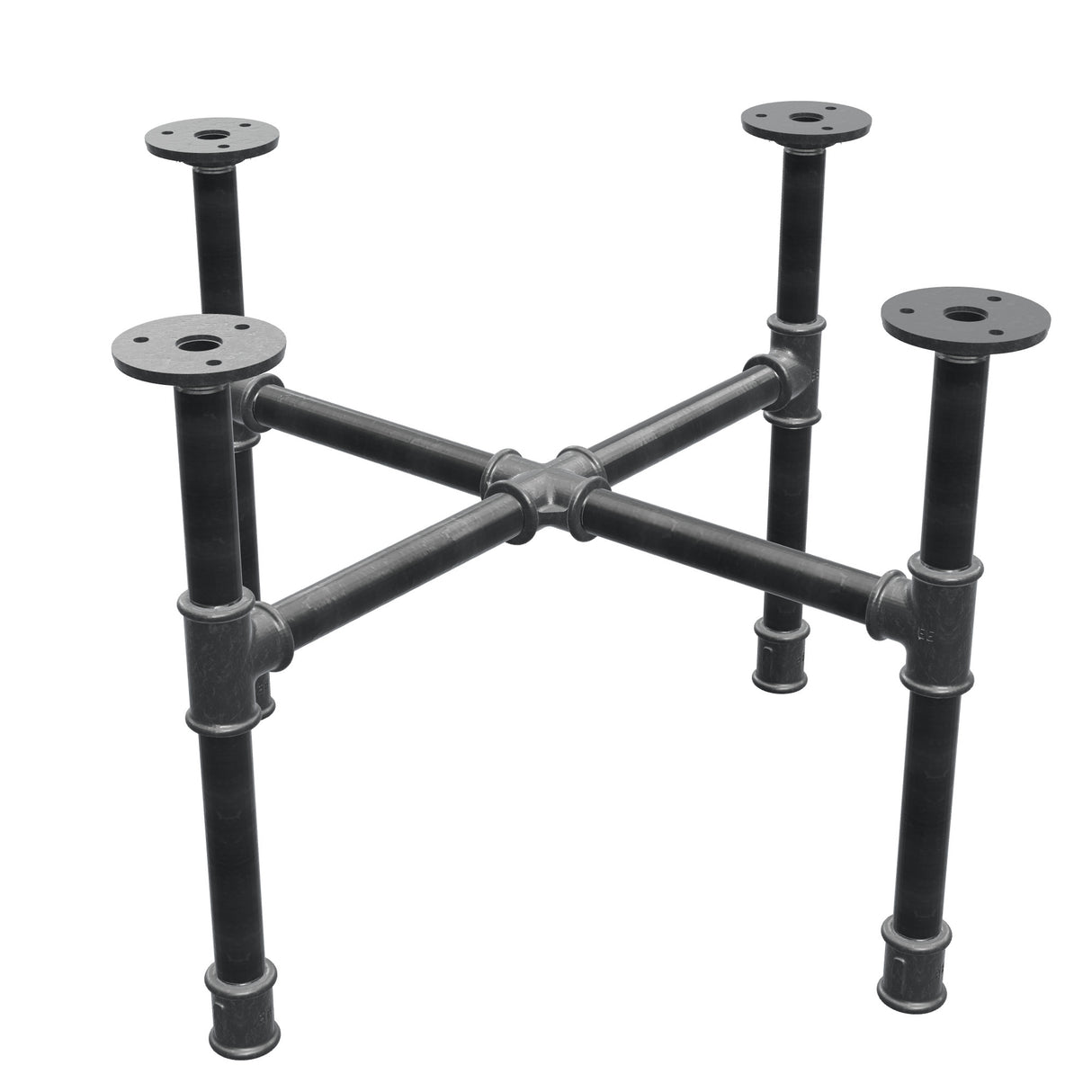 Industrial cast iron coffee table base, cross legs, 48 × 48 cm, 32 cm high, three-quarter view