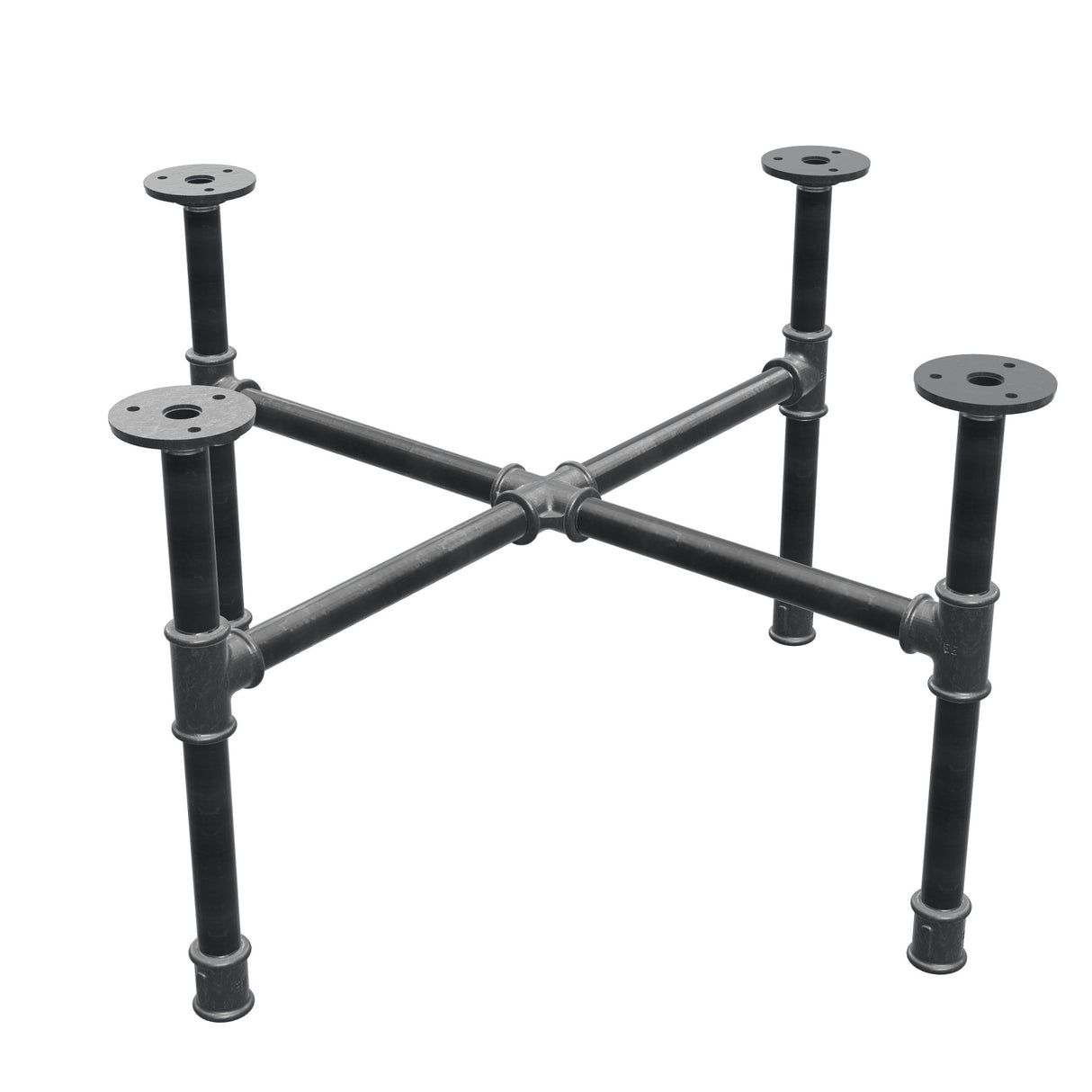 Industrial cast iron coffee table base, cross legs, 58 × 58 cm, 32 cm high, three-quarter view