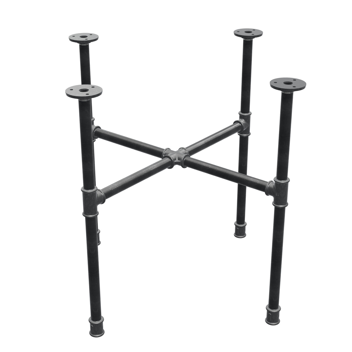 Industrial cast iron coffee table base, cross legs, 58 × 58 cm, 52 cm high, three-quarter view