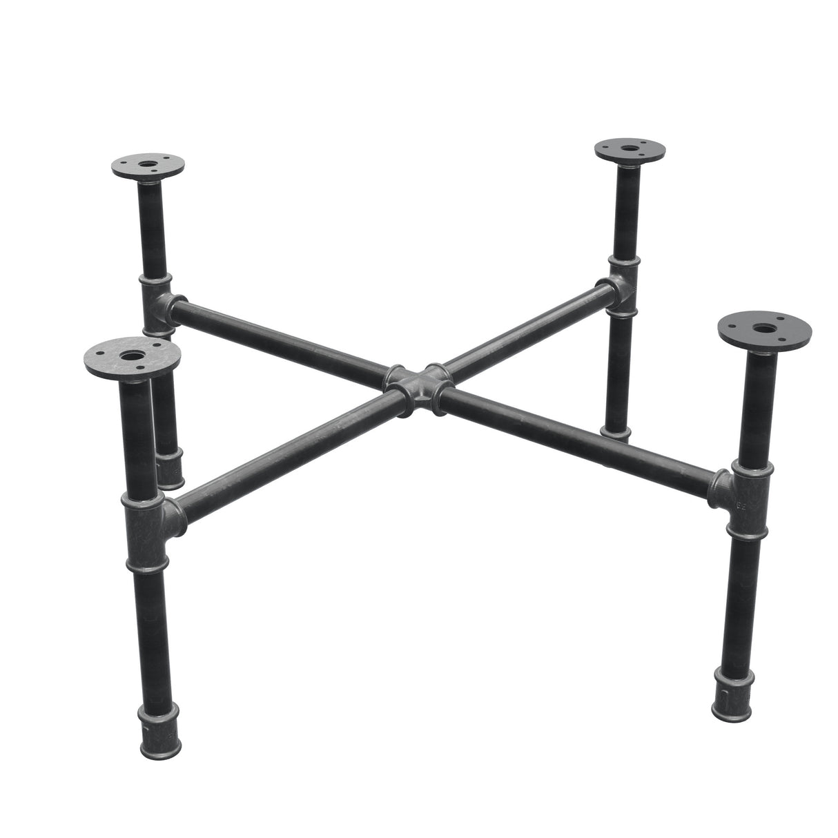 Industrial cast iron coffee table base, cross legs, 68 × 68 cm, 32 cm high, three-quarter view