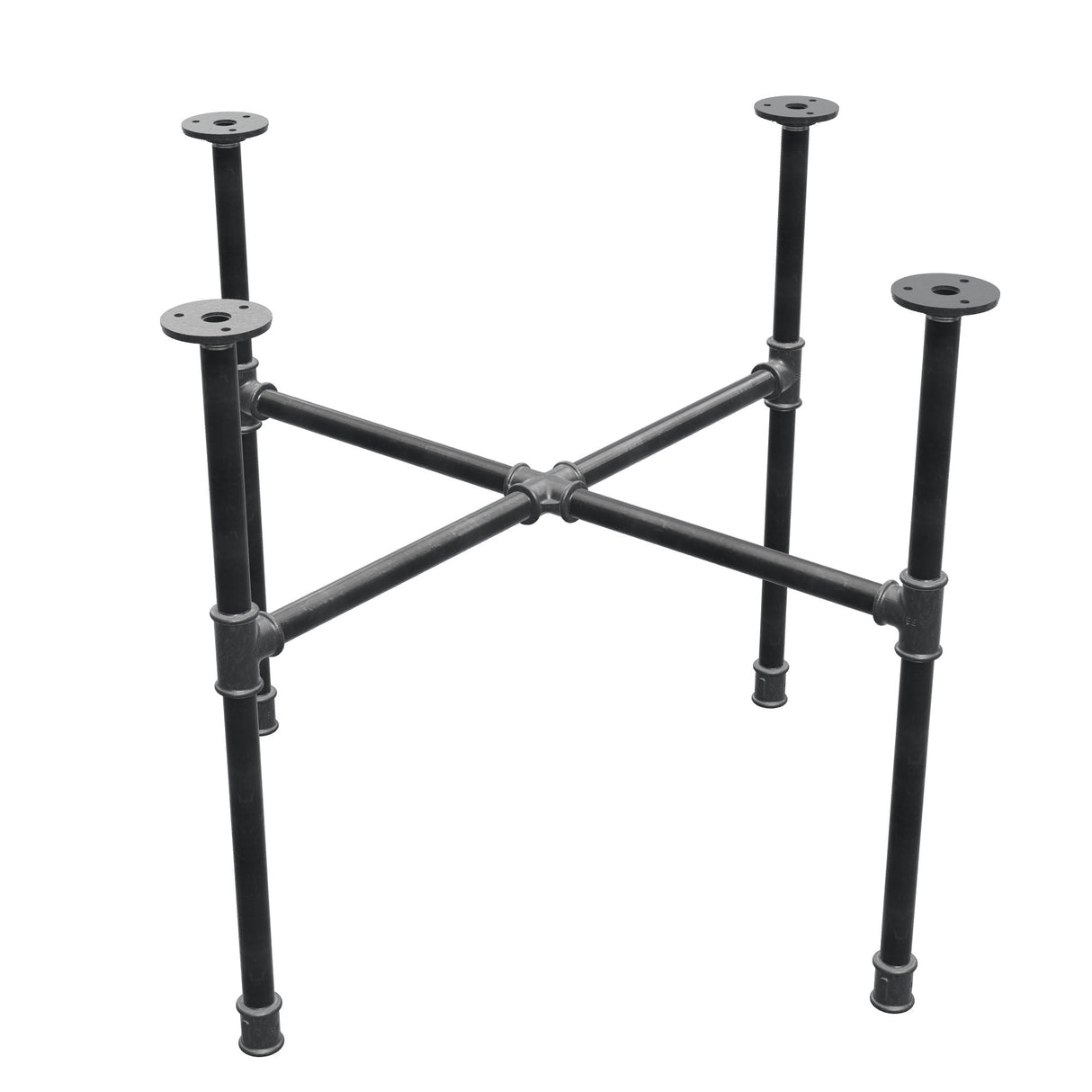 Industrial cast iron coffee table base, cross legs, 68 × 68 cm, 52 cm high, three-quarter view