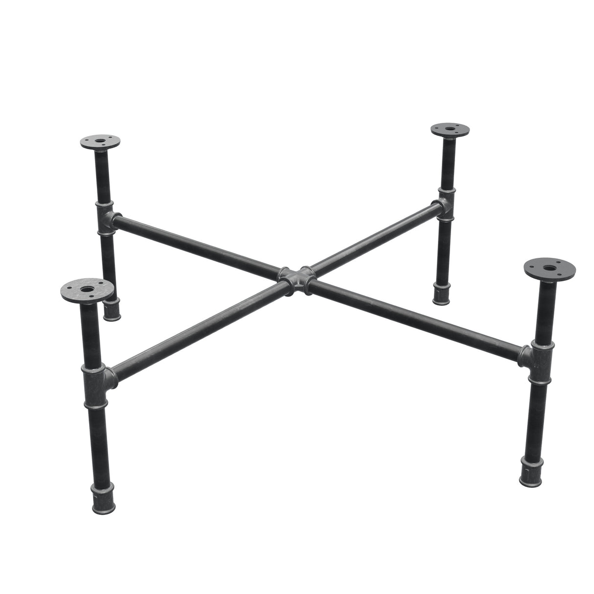 Industrial cast iron coffee table base, cross legs, 88 × 88 cm, 32 cm high, three-quarter view