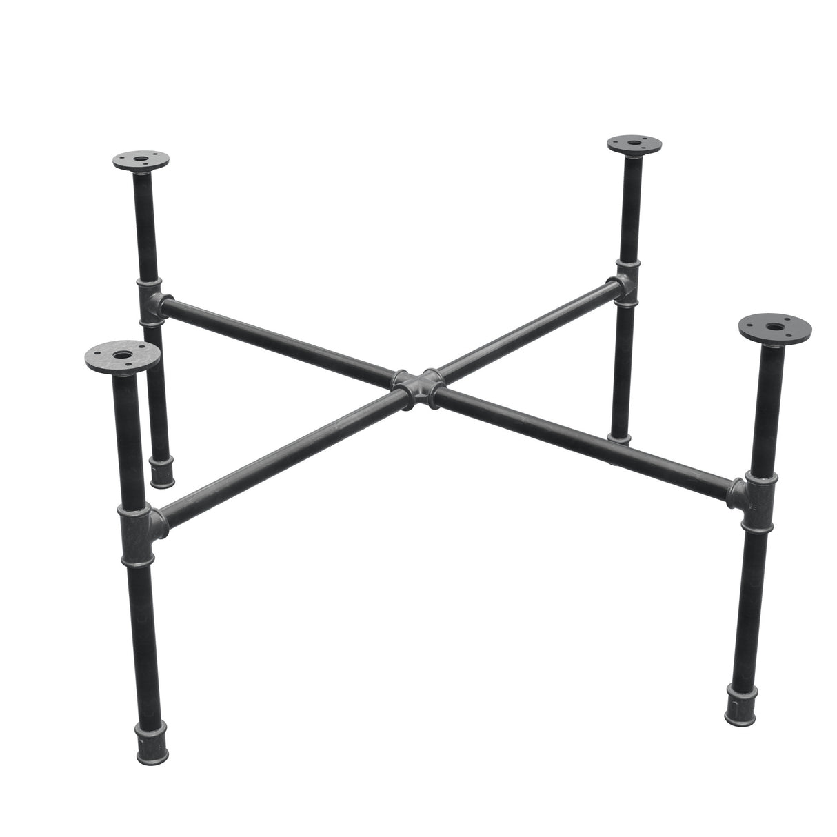Industrial cast iron coffee table base, cross legs, 88 × 88 cm, 42 cm high, three-quarter view