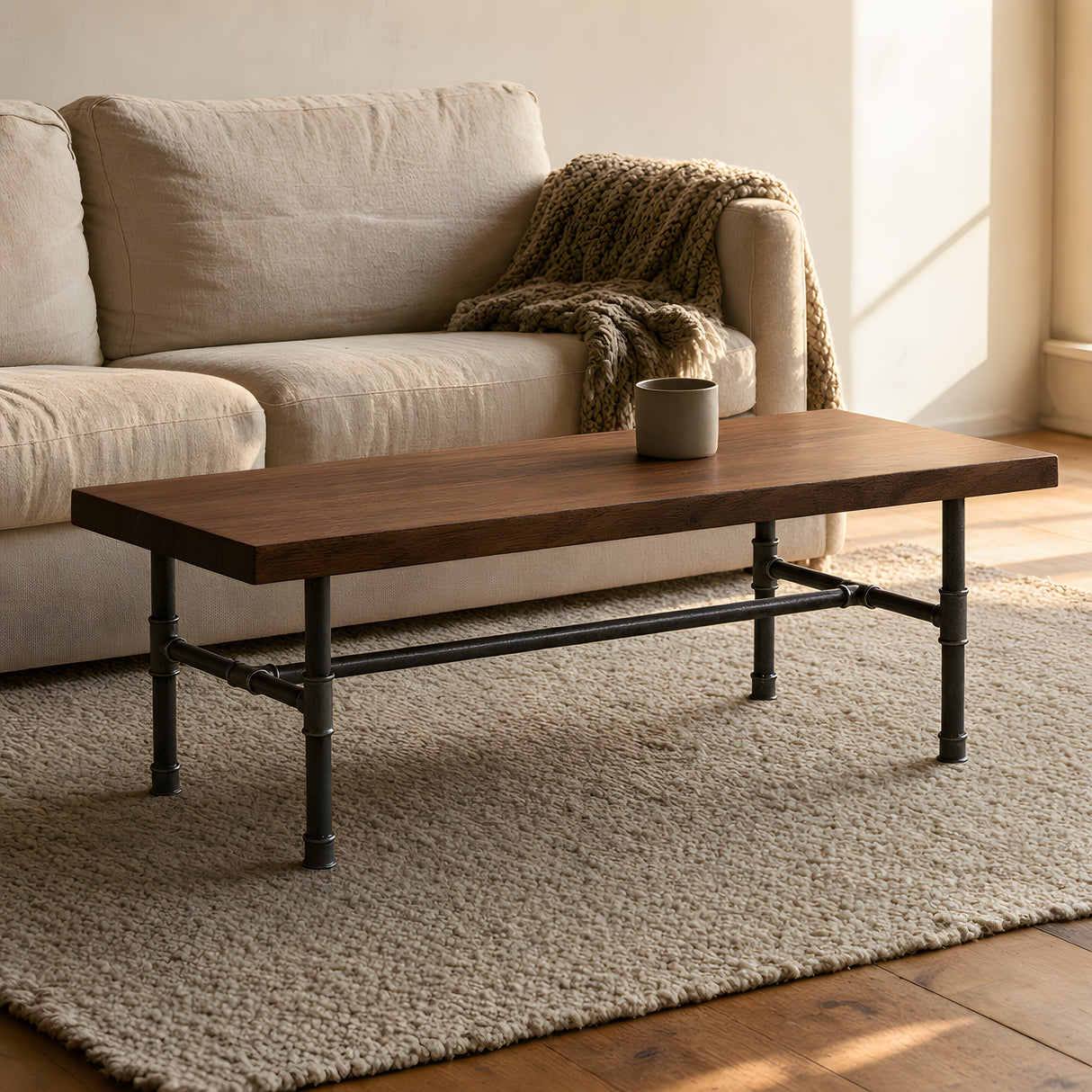 Coffee table with walnut top on cast iron H-frame base in a living room, lifestyle scene (top not included)