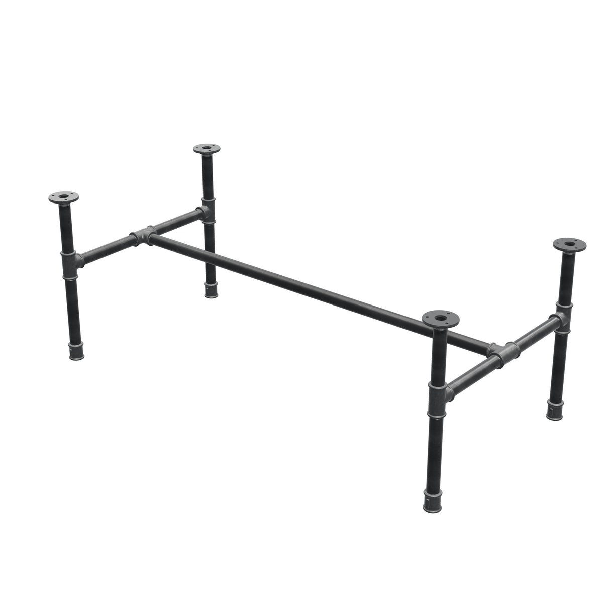 Industrial cast iron coffee table base, H-frame, 111 × 55 cm, 42 cm high, three-quarter view
