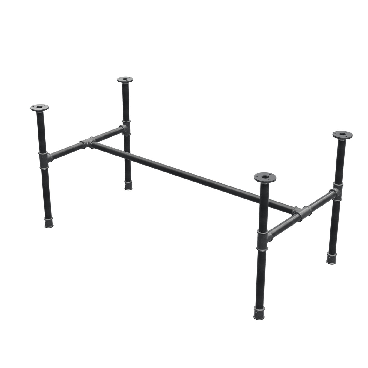 Industrial cast iron coffee table base, H-frame, 111 × 55 cm, 52 cm high, three-quarter view