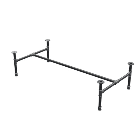 Industrial cast iron coffee table base, H-frame, 131 × 65 cm, 32 cm high, three-quarter view