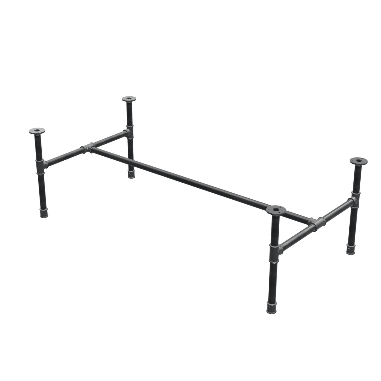 Industrial cast iron coffee table base, H-frame, 131 × 65 cm, 42 cm high, three-quarter view