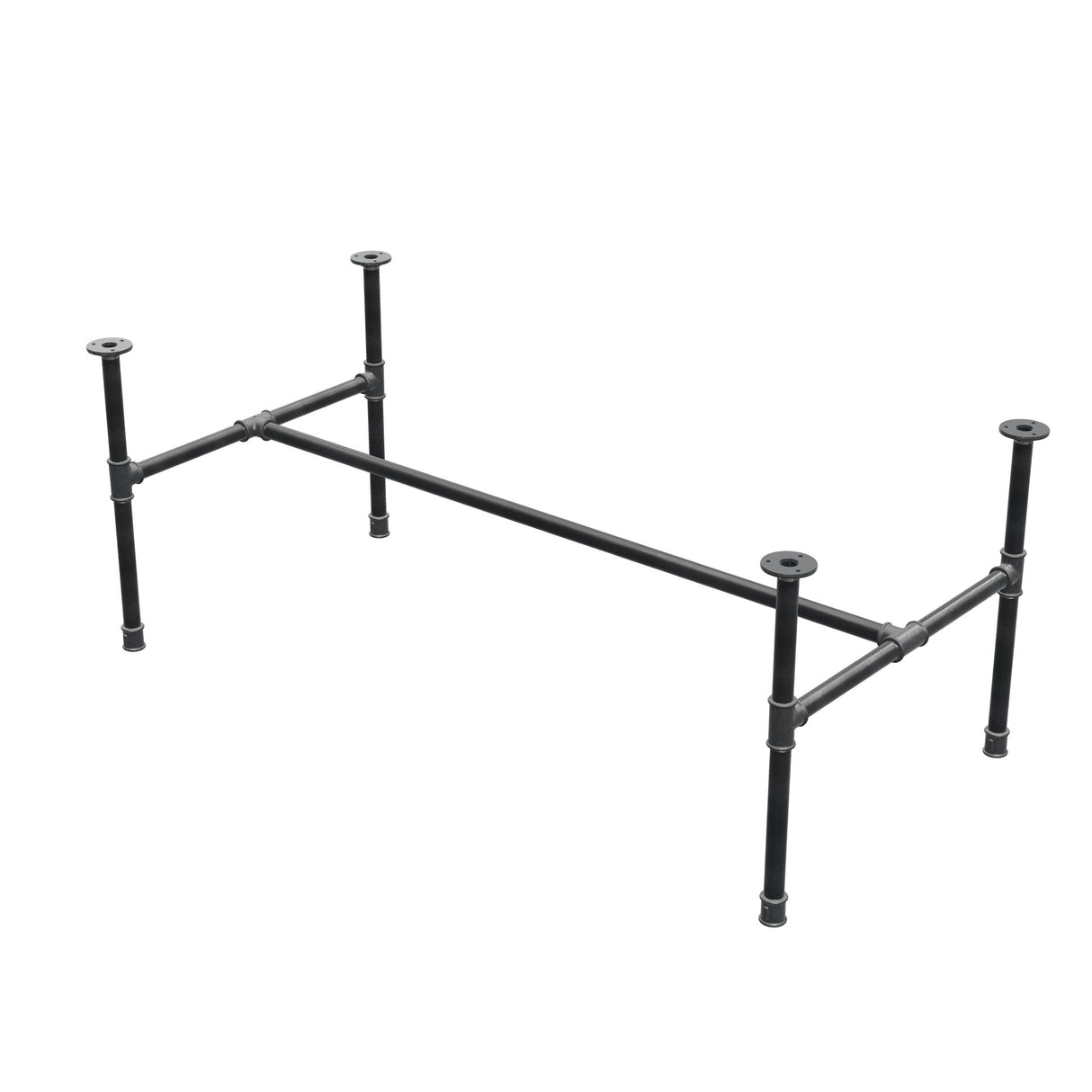Industrial cast iron coffee table base, H-frame, 131 × 65 cm, 52 cm high, three-quarter view
