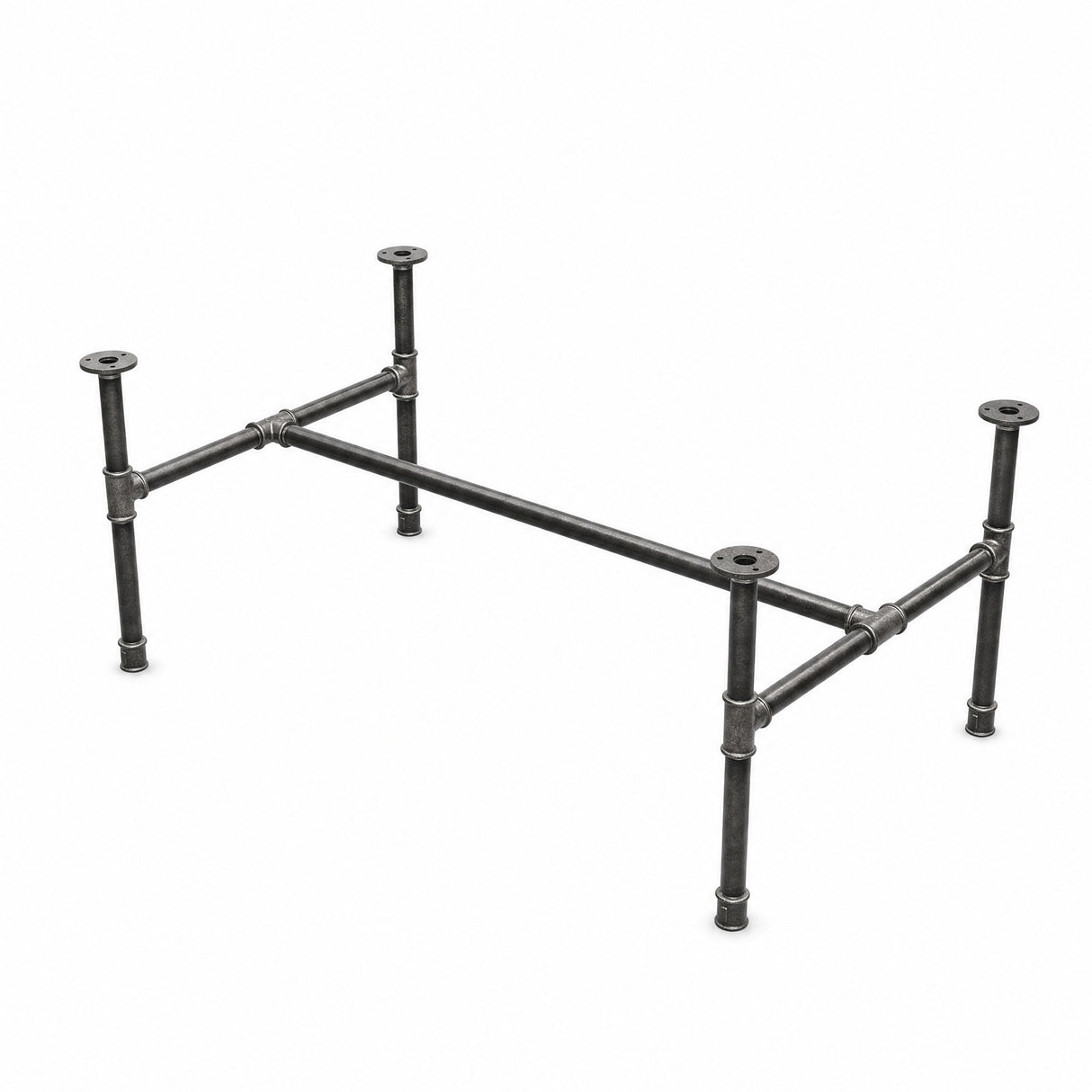 Industrial cast iron coffee table base, H-frame, three-quarter view