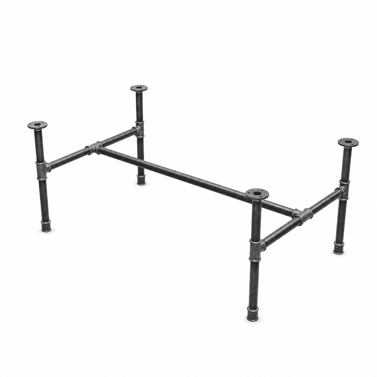 Industrial cast iron coffee table base, H-frame, three-quarter view
