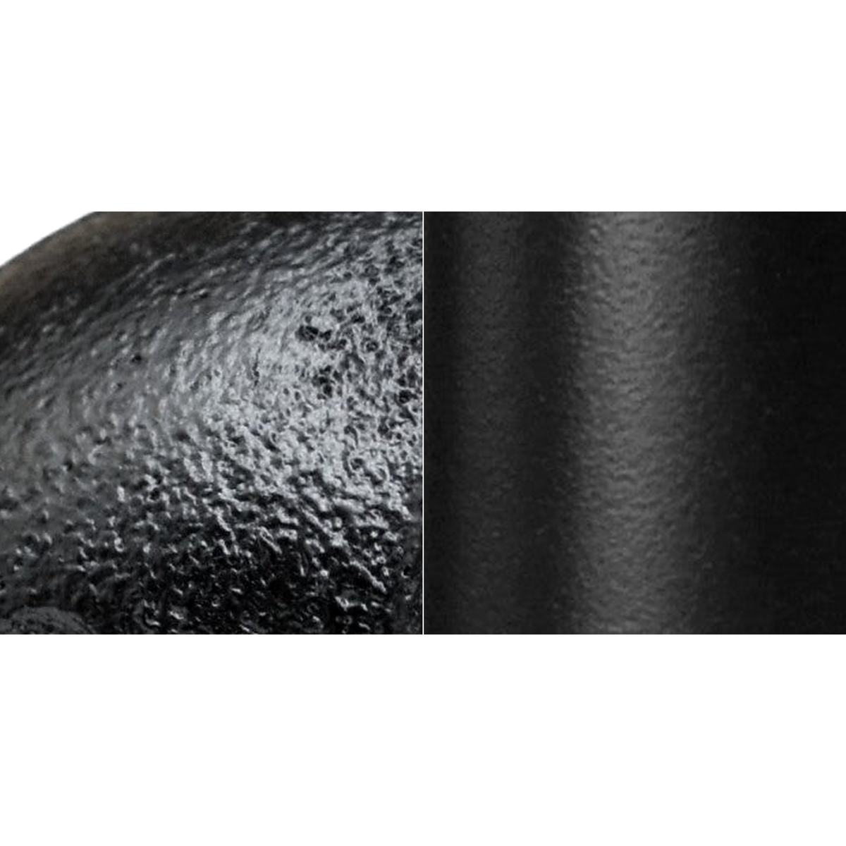 Matte black paint: the grain of the cast iron fitting on the left, the steel pipe surface on the right
