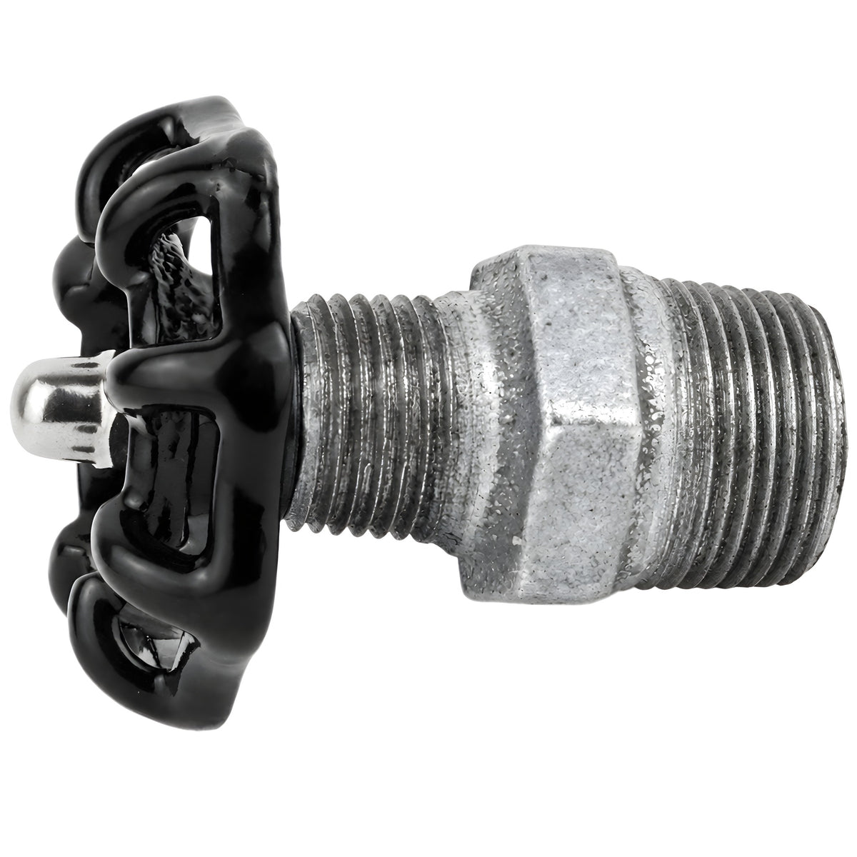 Black 52 mm handwheel on nipple, stainless steel nut, galvanized cast iron fitting