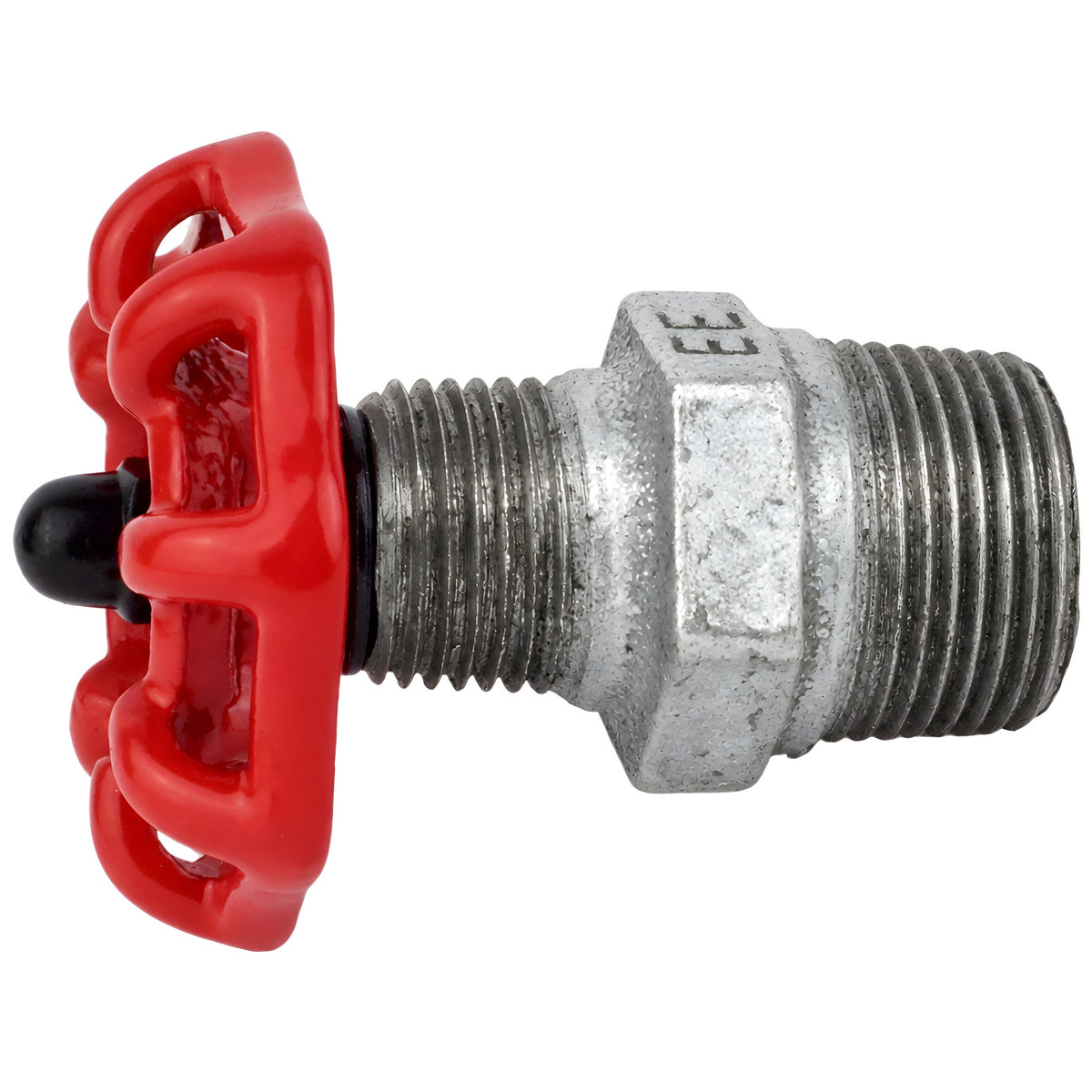 Red 52 mm handwheel on nipple, black nut, galvanized cast iron fitting