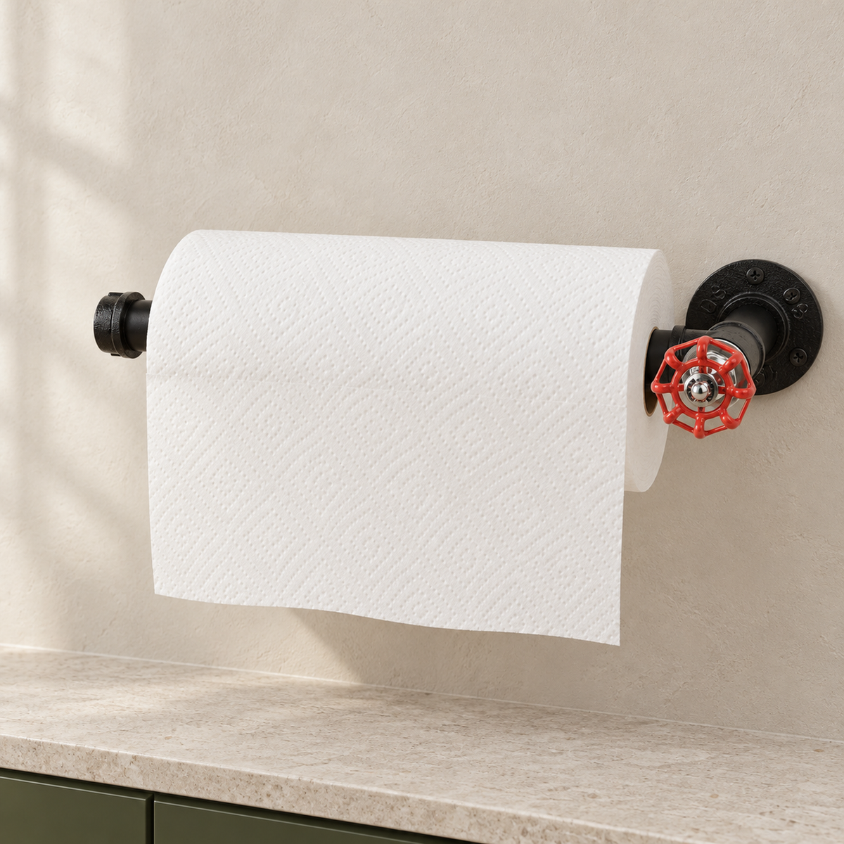 Black kitchen roll holder with red handwheel — wall-mounted with a kitchen roll